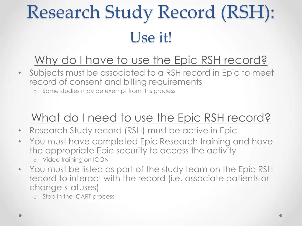 research study record rsh 1