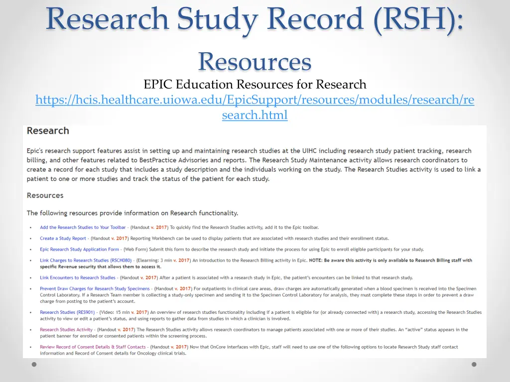 research study record rsh resources epic