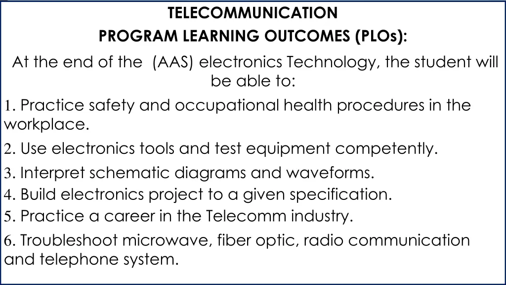 telecommunication program learning outcomes plos