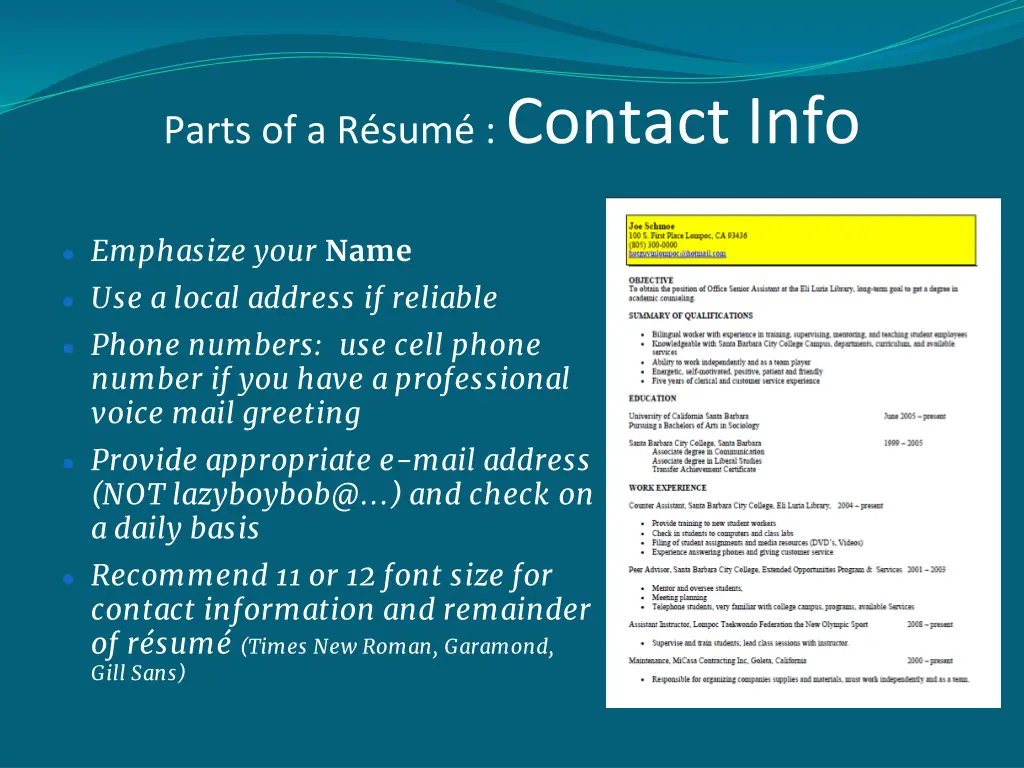 parts of a r sum contact info