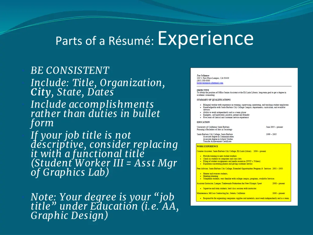 parts of a r sum experience