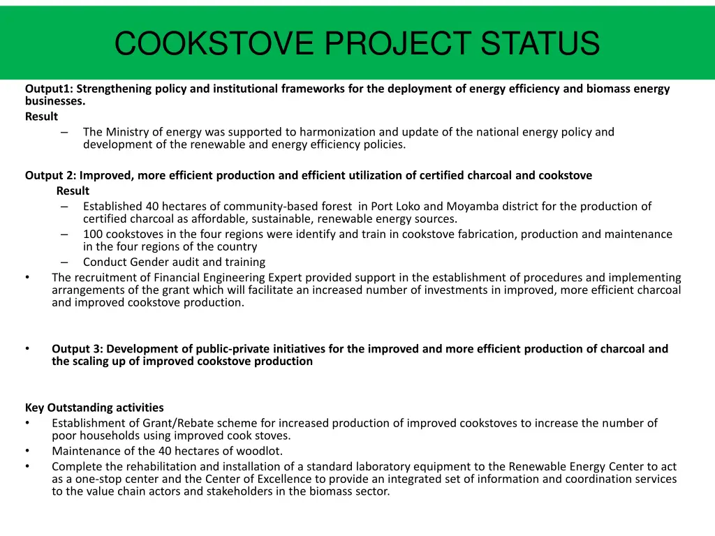 cookstove project status