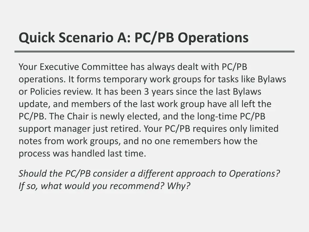 quick scenario a pc pb operations