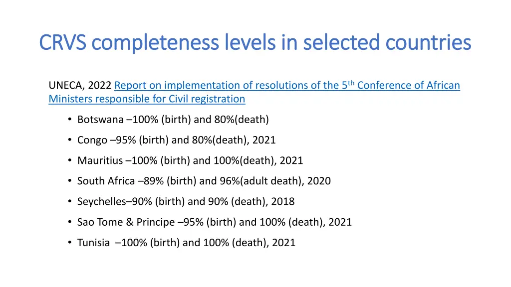 crvs completeness levels in selected countries