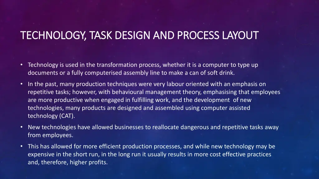 technology task design and process layout