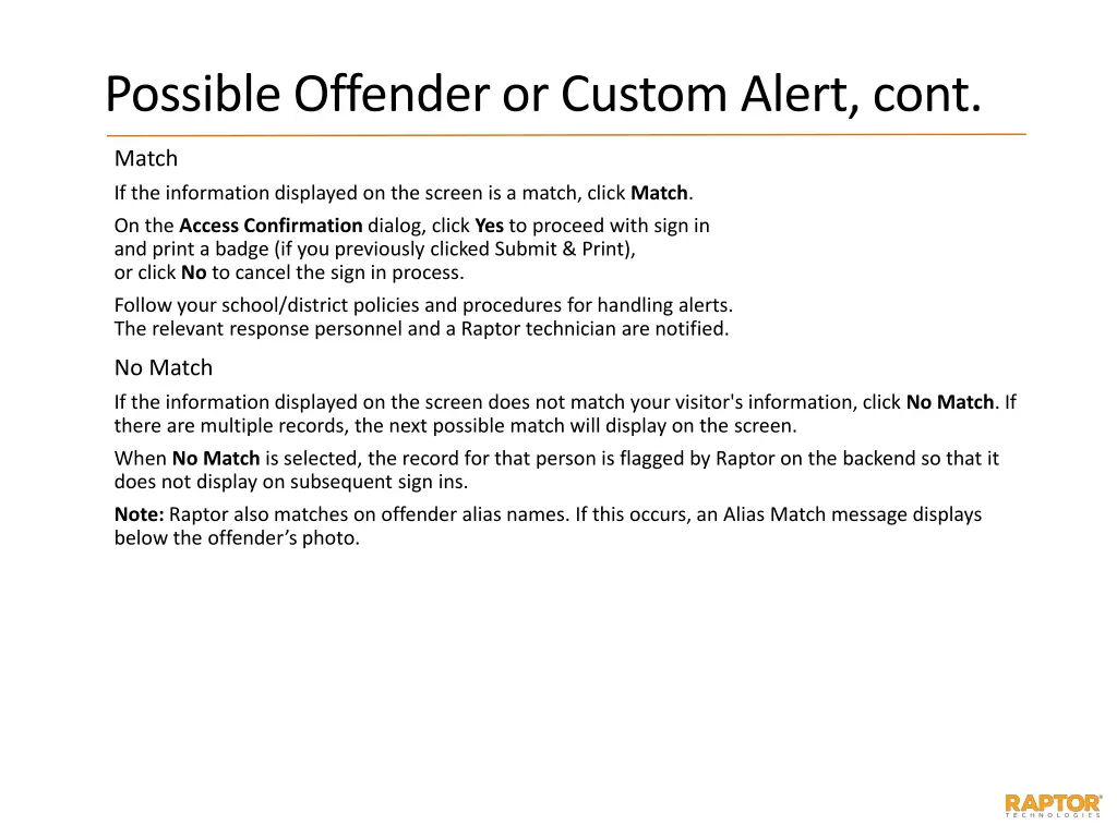 possible offender or custom alert cont