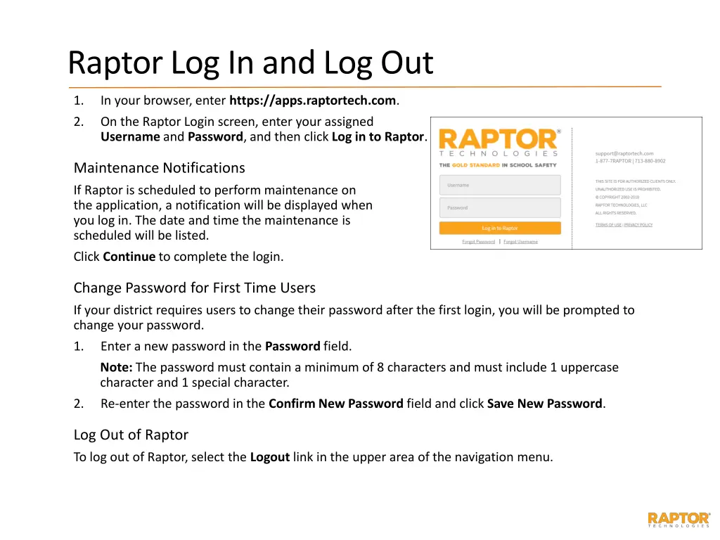 raptor log in and log out