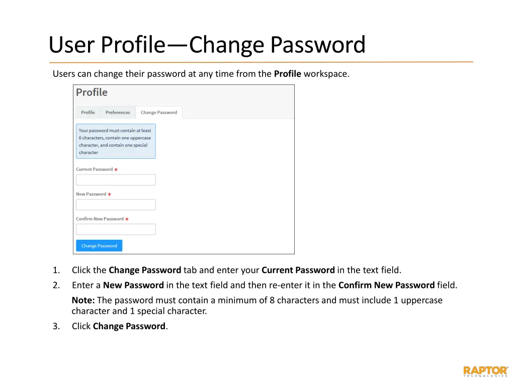 user profile change password