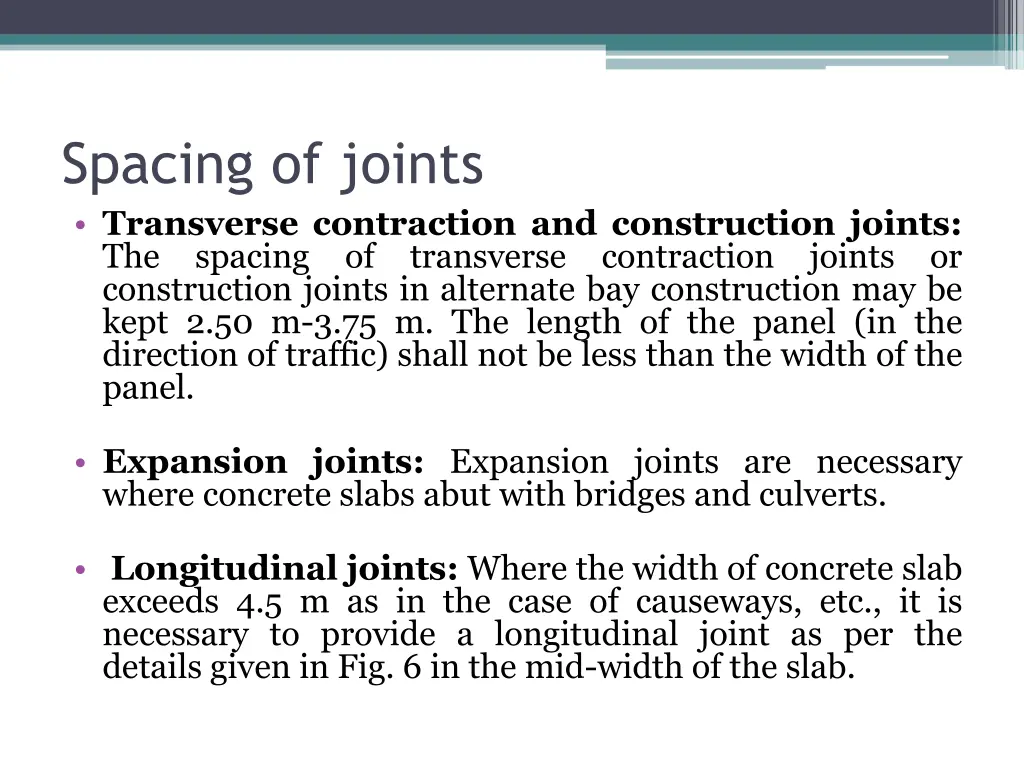 spacing of joints transverse contraction