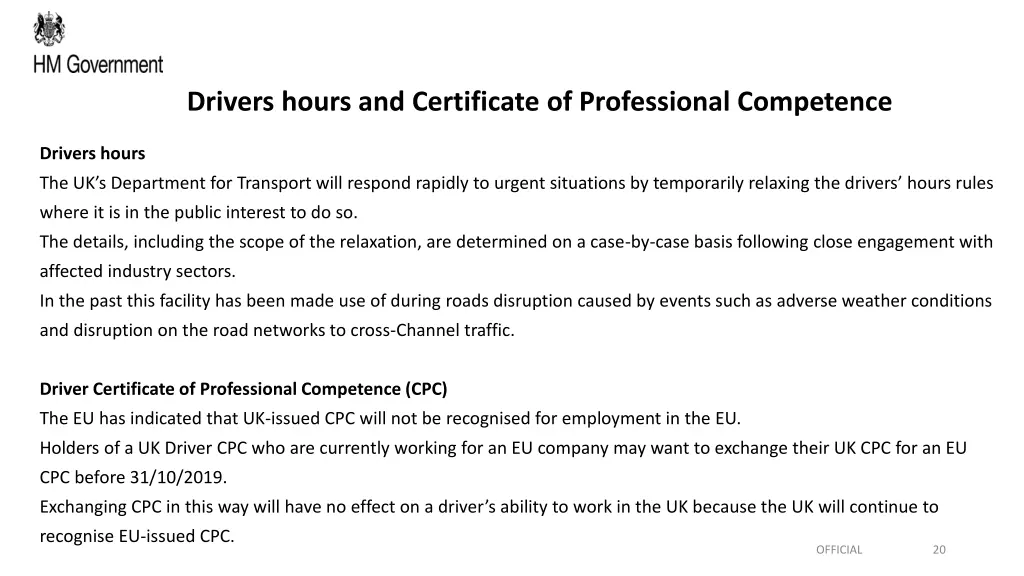 drivers hours and certificate of professional