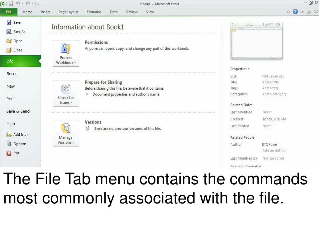 the file tab menu contains the commands most