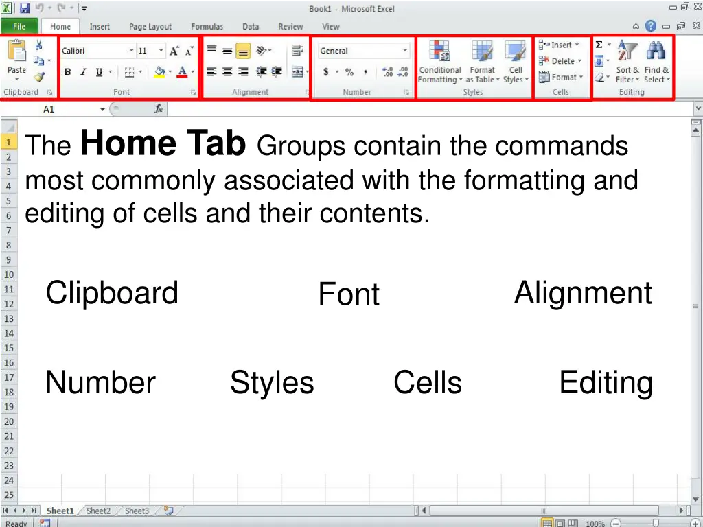 the home tab groups contain the commands most