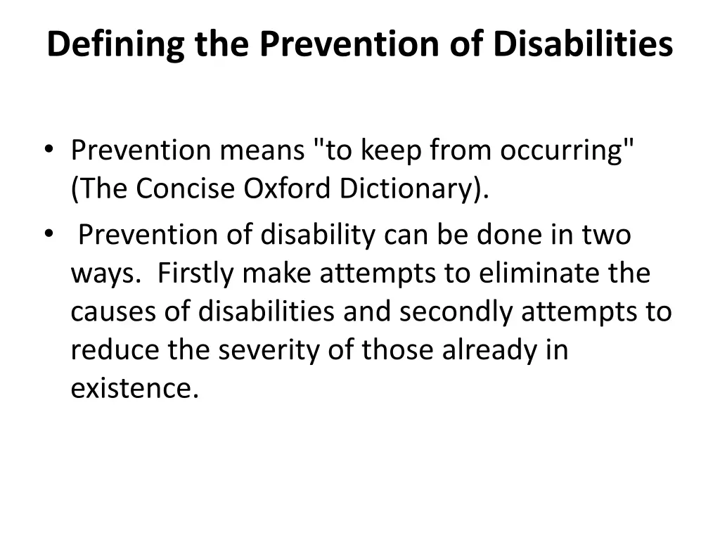 defining the prevention of disabilities