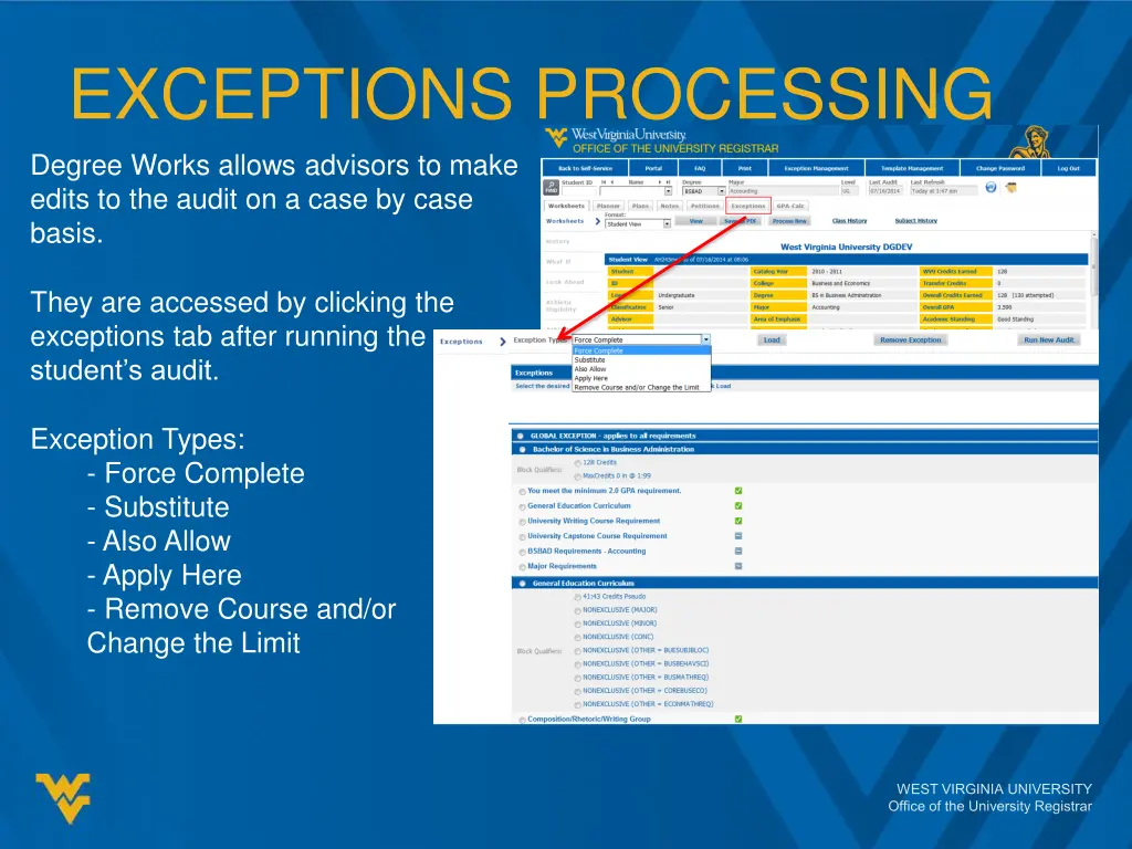 exceptions processing degree works allows