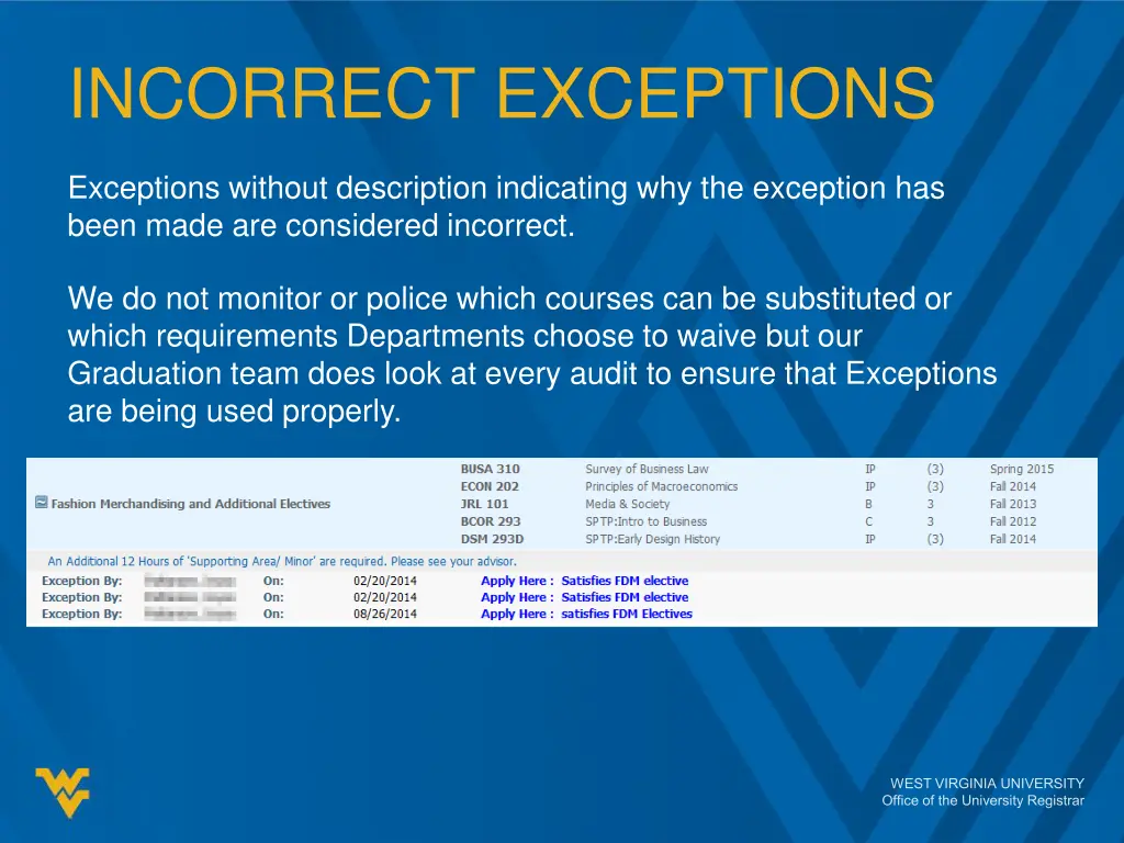 incorrect exceptions