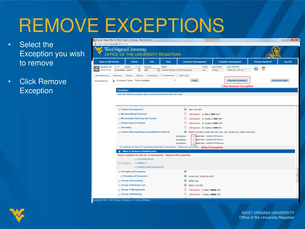 remove exceptions select the exception you wish