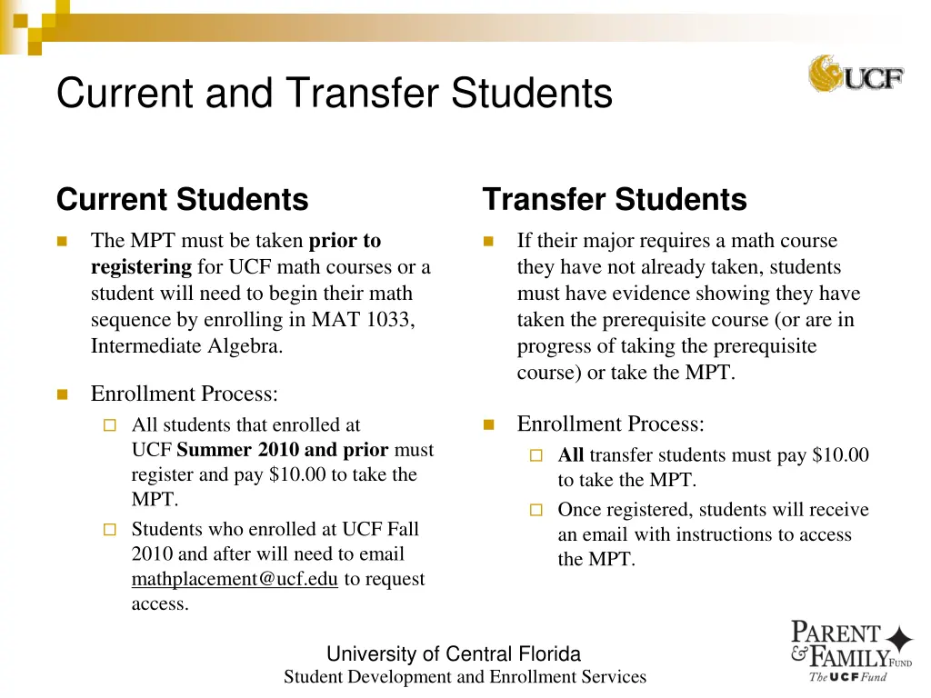 current and transfer students