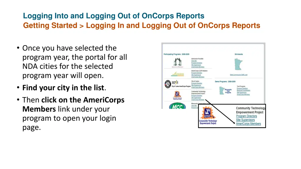 logging into and logging out of oncorps reports 1