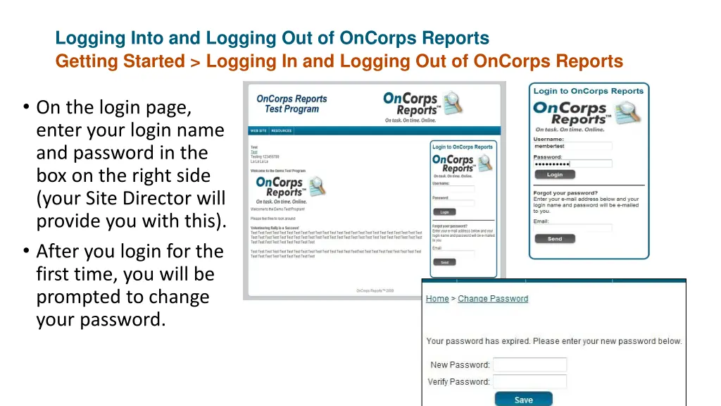 logging into and logging out of oncorps reports 2