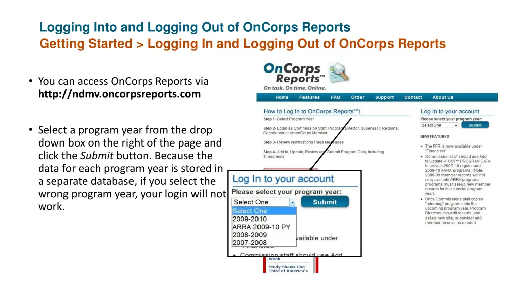 logging into and logging out of oncorps reports