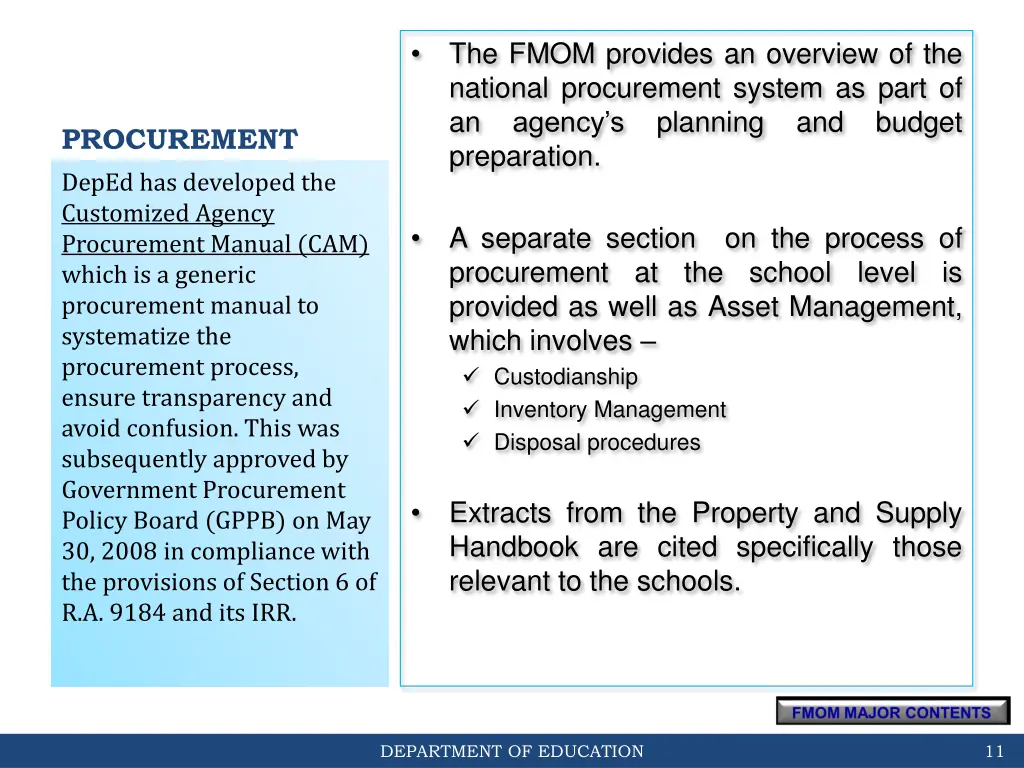 the fmom provides an overview of the national