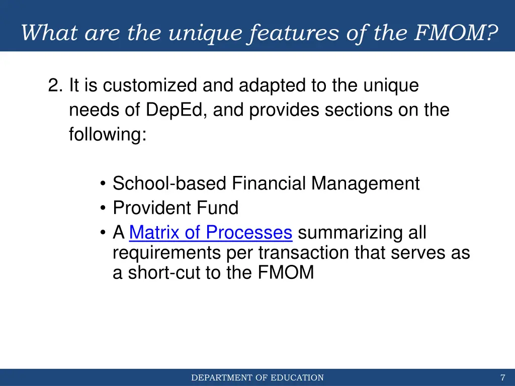 what are the unique features of the fmom 1