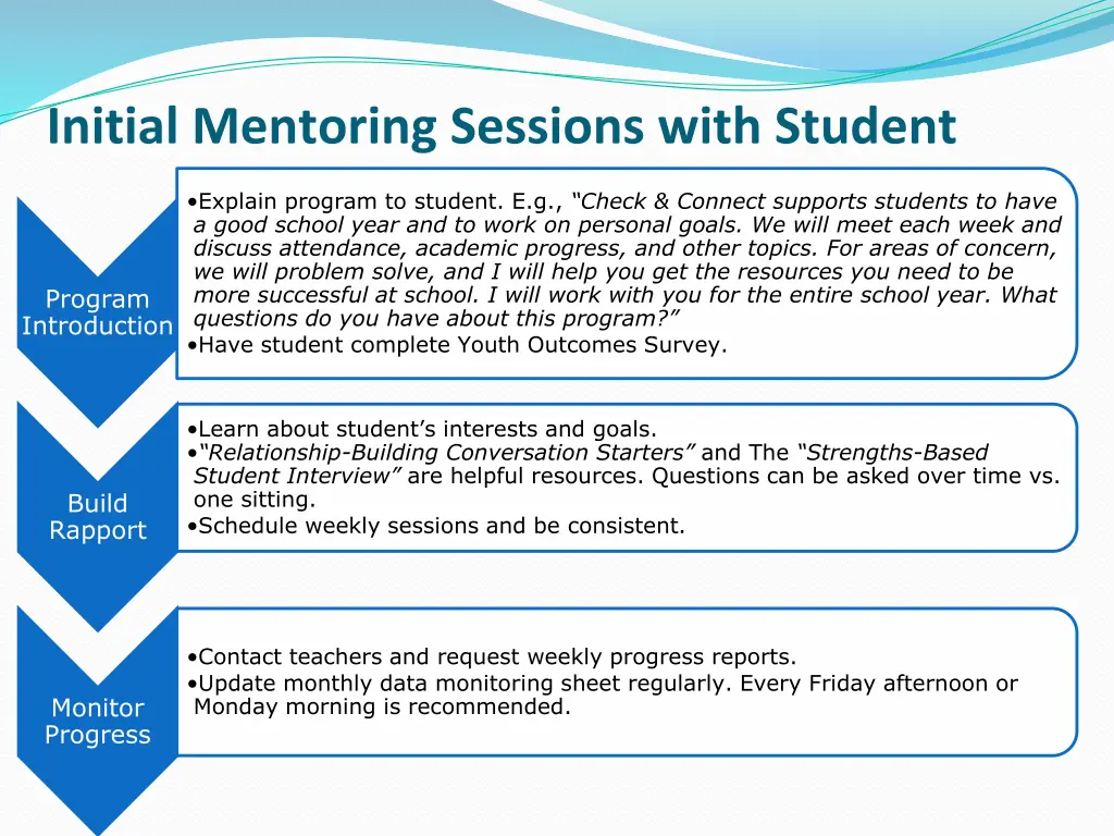 initial mentoring sessions with student