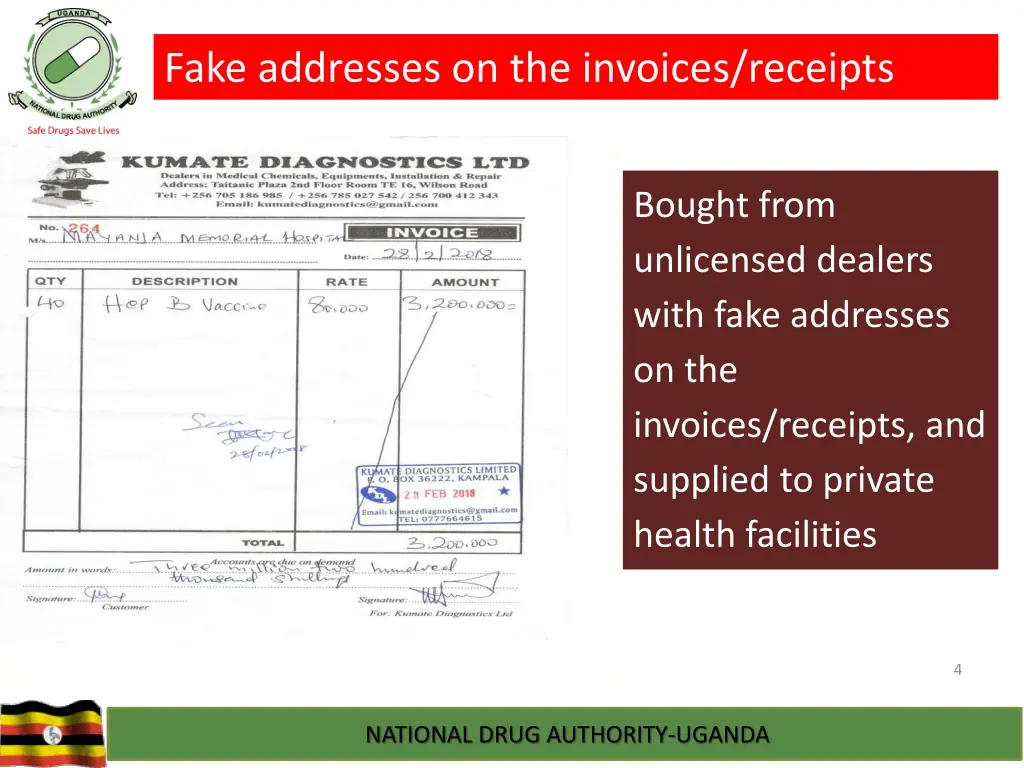 fake addresses on the invoices receipts