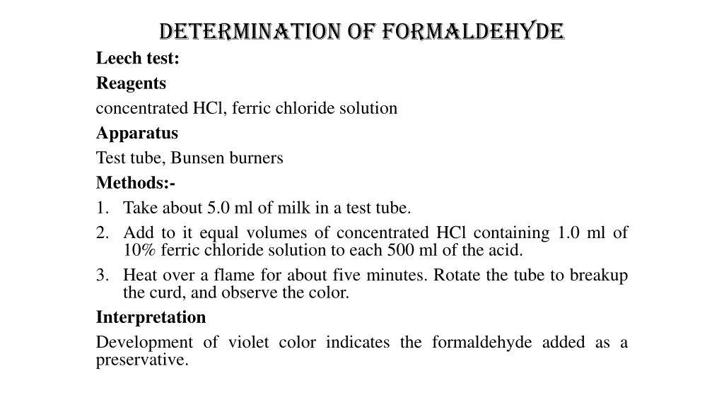 determination of formaldehyde leech test reagents