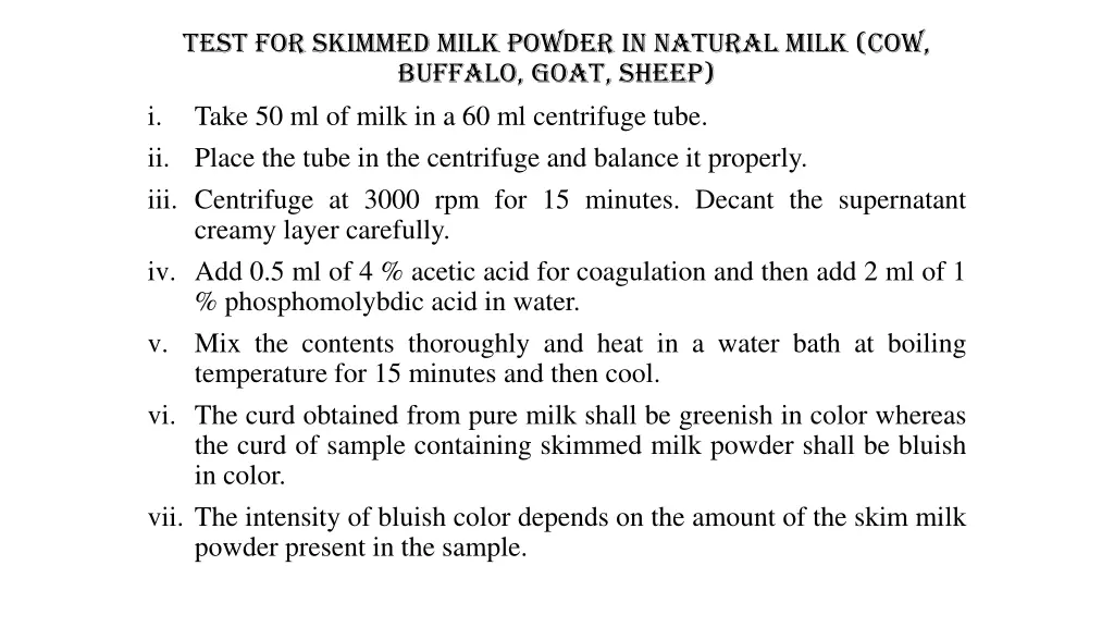 test for skimmed milk powder in natural milk