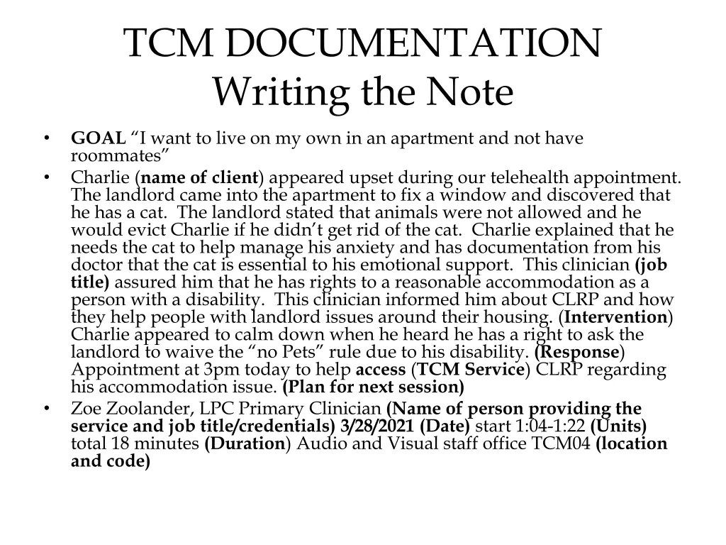 tcm documentation writing the note 2