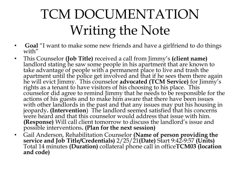 tcm documentation writing the note 4