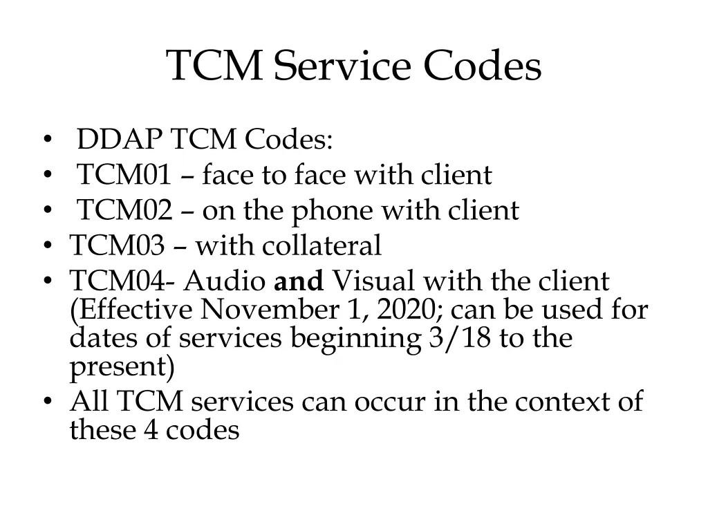 tcm service codes