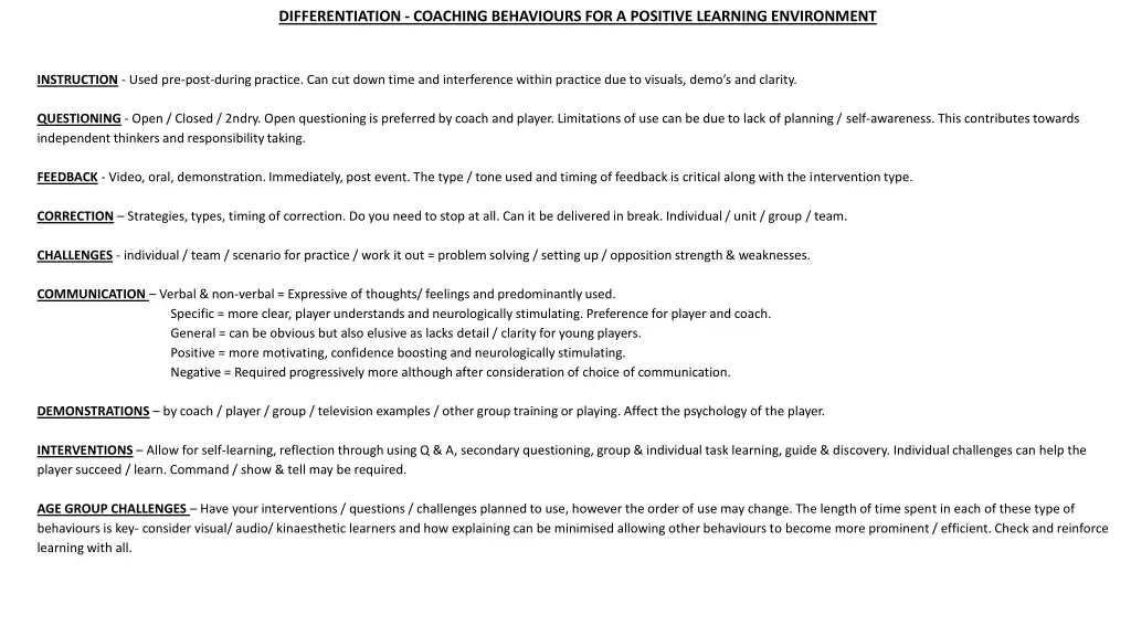 differentiation coaching behaviours