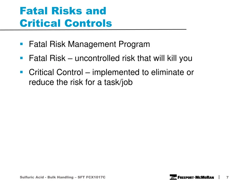 fatal risks and critical controls