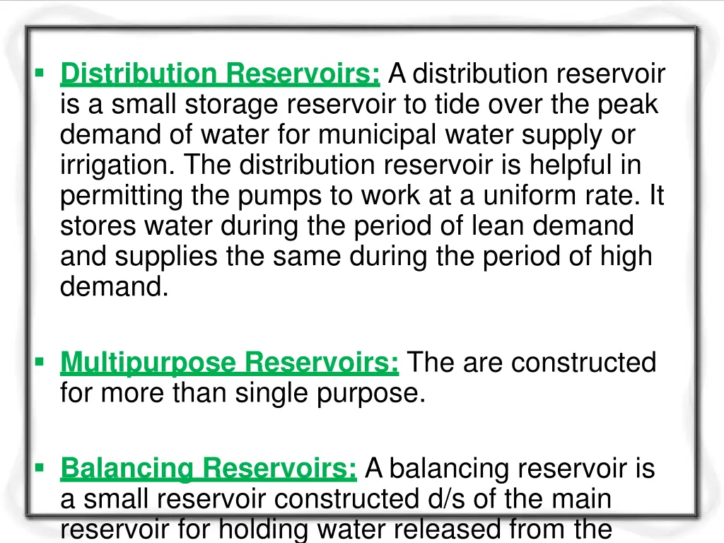 distribution reservoirs a distribution reservoir