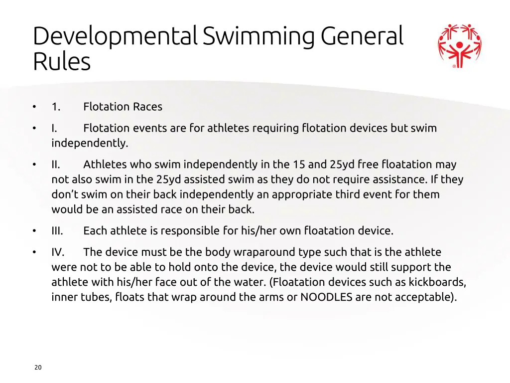 developmental swimming general rules