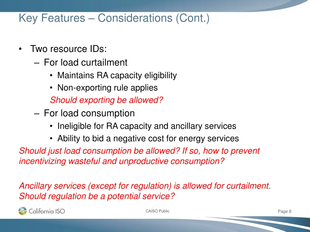 key features considerations cont