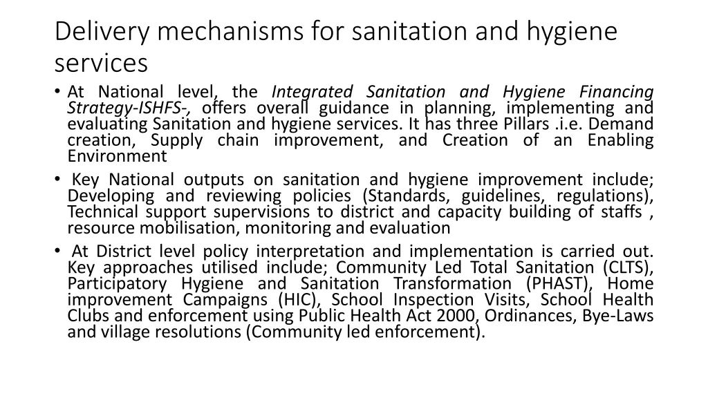 delivery mechanisms for sanitation and hygiene