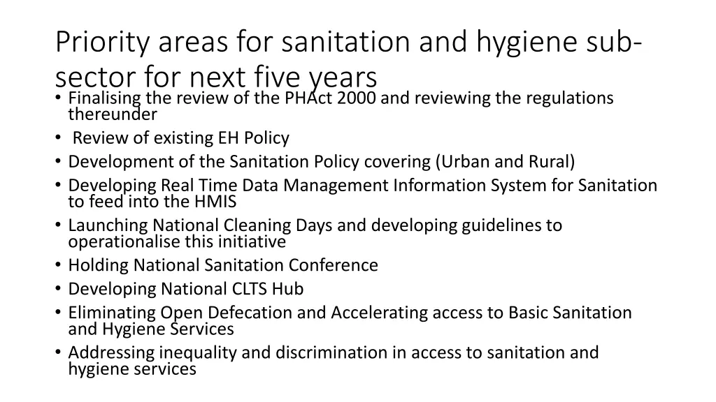 priority areas for sanitation and hygiene