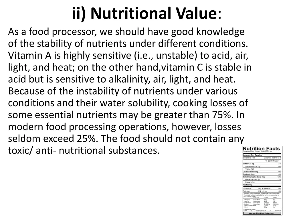 ii nutritional value as a food processor