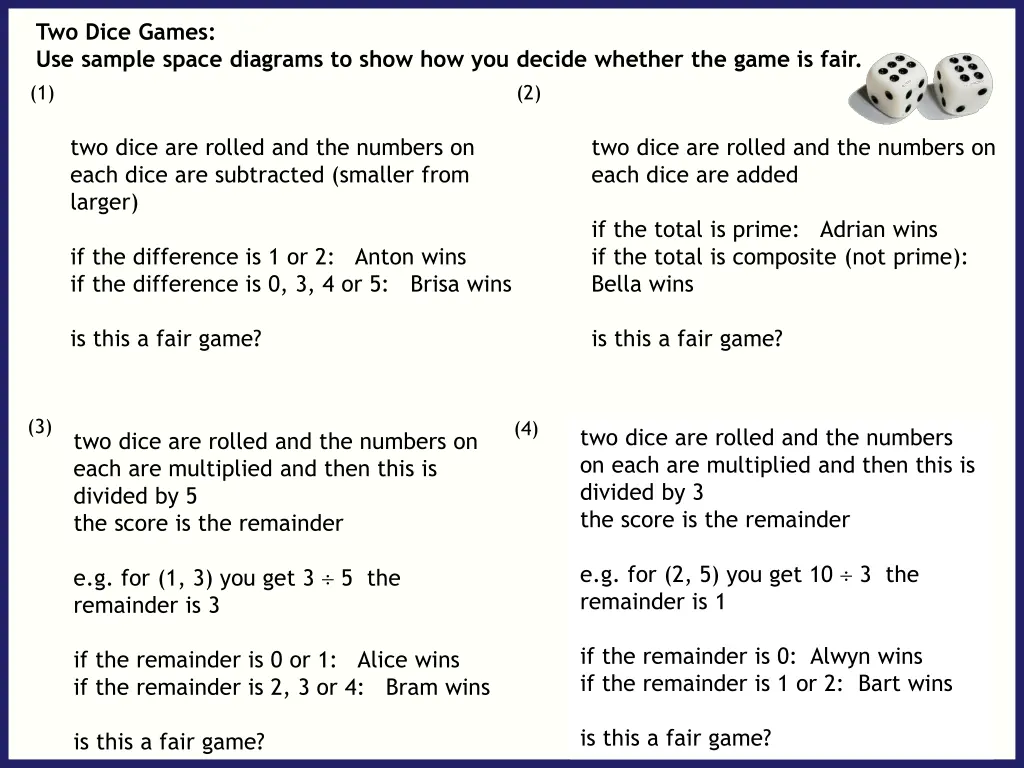 two dice games use sample space diagrams to show