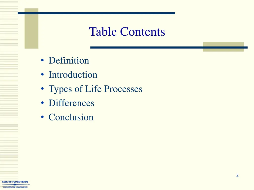 table contents