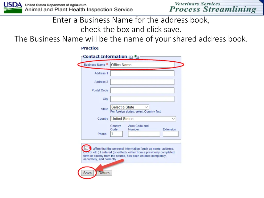 enter a business name for the address book check