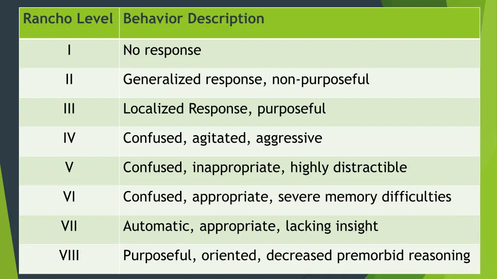 rancho level behavior description