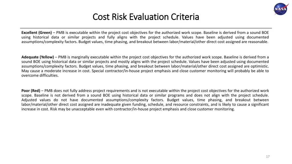 cost risk evaluation criteria cost risk