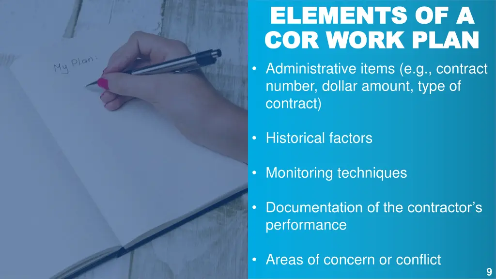 elements of a elements of a cor work plan