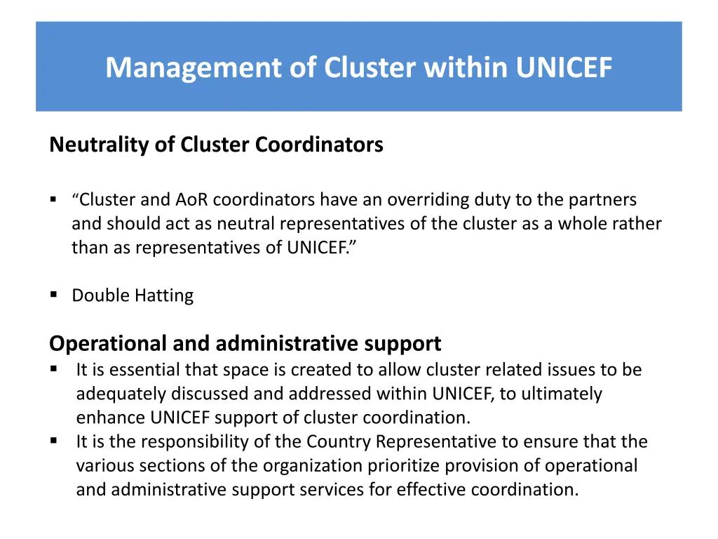 management of cluster within unicef