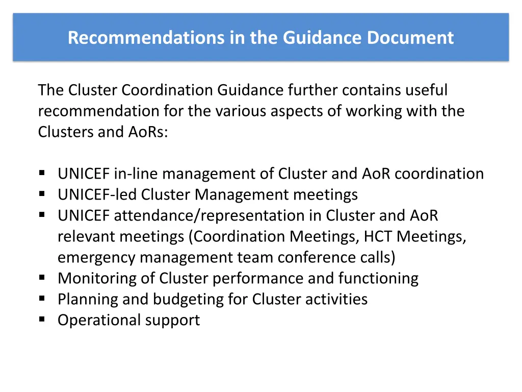 recommendations in the guidance document