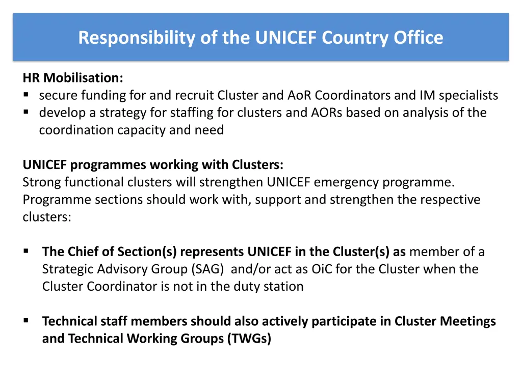 responsibility of the unicef country office